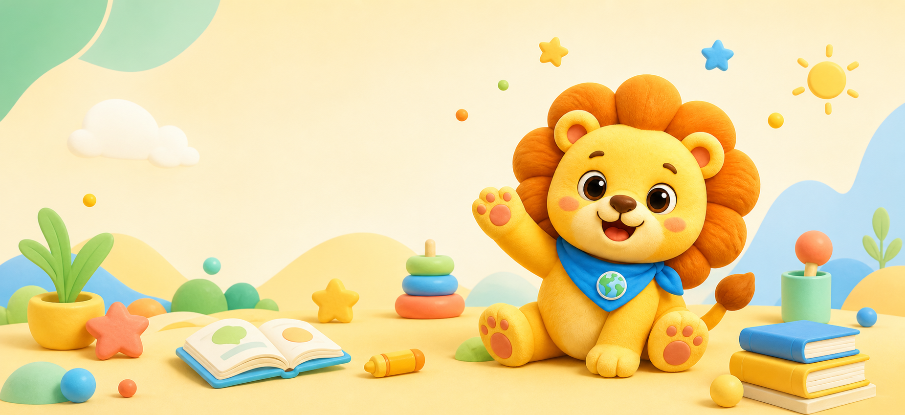 Cute LionLingo lion mascot in a language learning scene